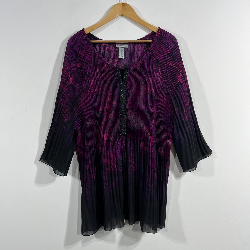 Catherines Fairy Grunge Boho Damask Pleated Tunic Top Beaded 3/4 Sleeve Women 2x
